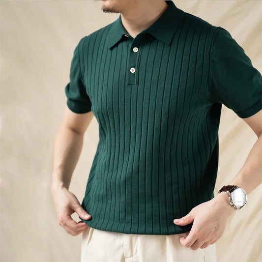 Men’s: Vintage Style Rib Stripe Polo Short Sleeve Shirt, Casual Summer T-Shirts with Turn-Down Collar