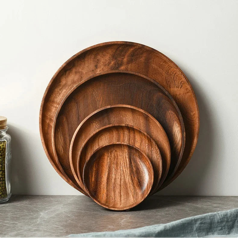 Zero Waste: Japanese Household Dishes Made from Acacia Wood - Round Tableware Salad Dessert Tray, Wood Dinnerware Set, Plates & Serving Platter