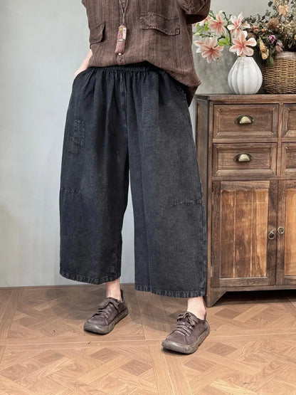 Women’s: Cotton and Linen Retro Distressed Patches Elasticated Waist Loose Pockets Straight Leg Pants