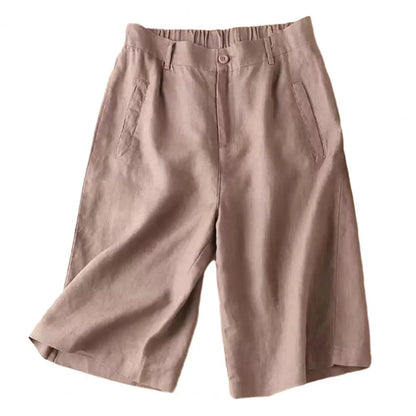 Women’s: Cotton Linen Suit Shorts with Elastic High Waistband & Straight Wide Leg A Line Work or Casual Short Pants