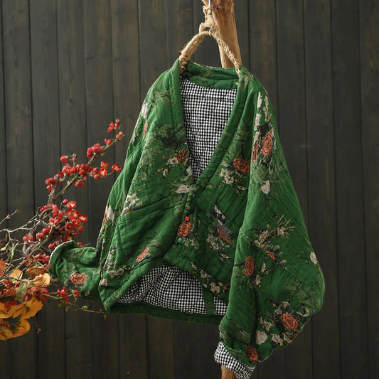 Women's: Linen & Cotton Vintage Retro Asian Style Quilted Coats - Winter Bat Sleeve with Loose fit Cottage-core Coat