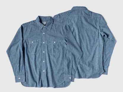 Men’s: Chambray Long Sleeve Shirt Summer/ Spring Two-Pocket Workshirt in Light Blue