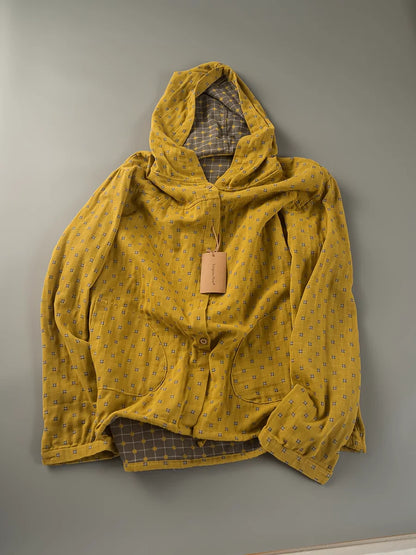 Women’s: 100% Cotton Yarn Loose Hooded Plaid Shirts for Autumn Spring Casual Hoodies