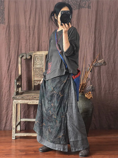 Women’s: Linen Patchwork Loose Fit Skirt for Spring, Autumn, & Summer