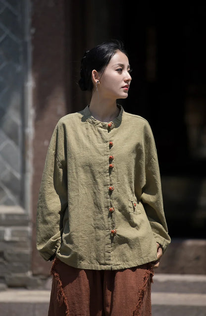 Women’s: Cotton Linen Vintage Chinese Style Ramie Patchwork Shirt, Colour Plate Button Lapel Cardigan Jacket