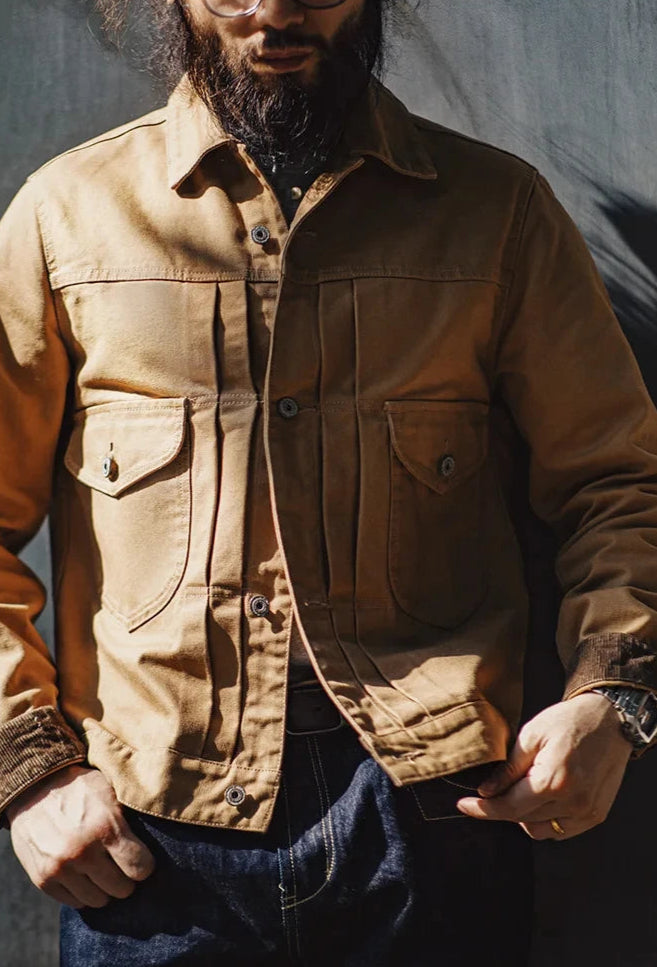 Men’s: Vintage Style Heavyweight Canvas Rancher Jacket with Collar Back Paris Button Denim Jacket Design for Fall Outerwear