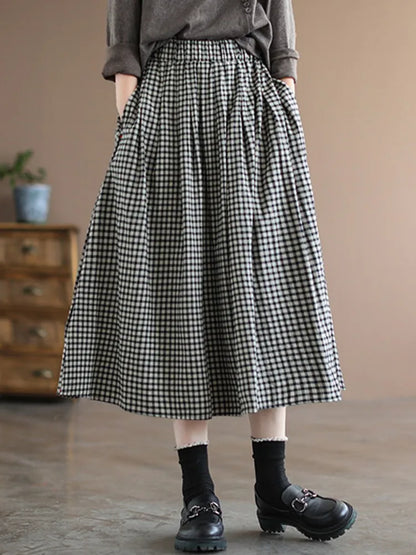 Women's: Cotton & Linen Vintage Style Casual Skirts Plaid Print with High Waist and A-line Long Skirt