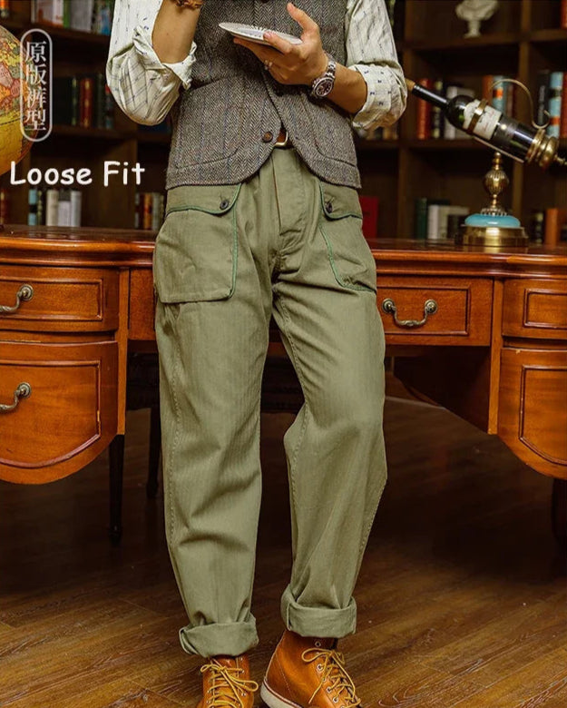 Men’s: Vintage Military Style P-44 Monkey Pants, HBT Cargo Trousers Army Green