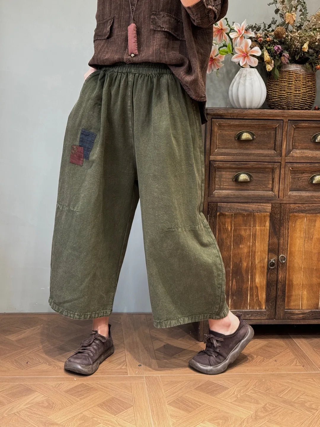 Women’s: Cotton and Linen Retro Distressed Patches Elasticated Waist Loose Pockets Straight Leg Pants