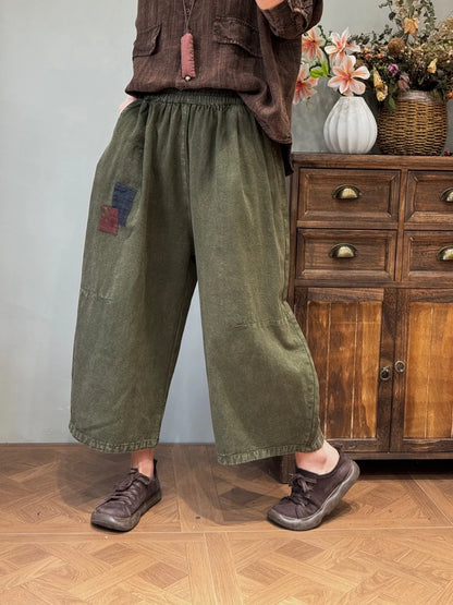 Women’s: Cotton and Linen Retro Distressed Patches Elasticated Waist Loose Pockets Straight Leg Pants