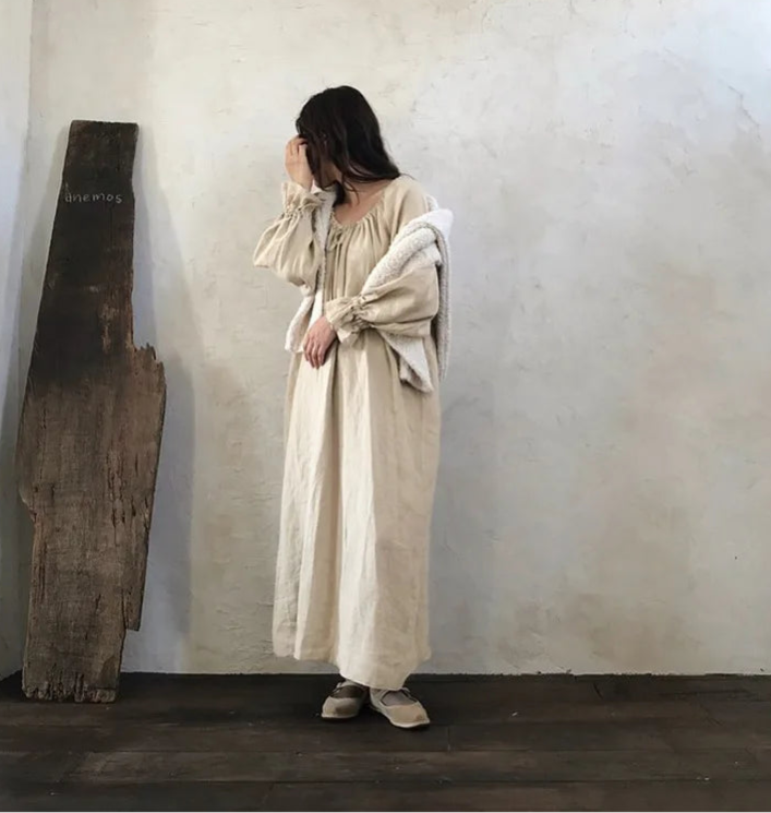 Women’s: 100% Cotton Cottagecore Boho Maxi Dress, Solid Long Sleeve with Drawstring
