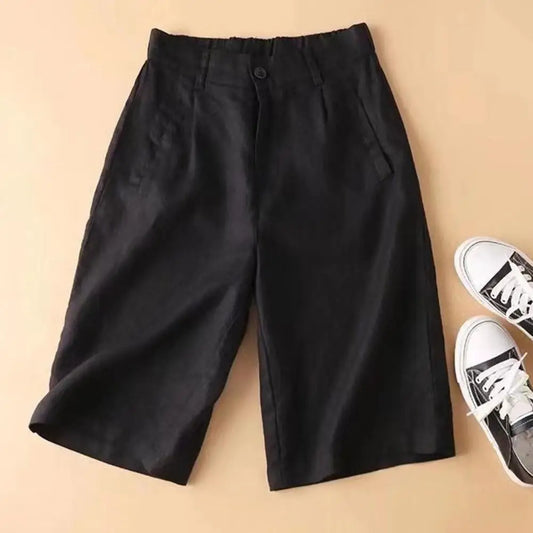 Women’s: Cotton Linen Suit Shorts with Elastic High Waistband & Straight Wide Leg A Line Work or Casual Short Pants