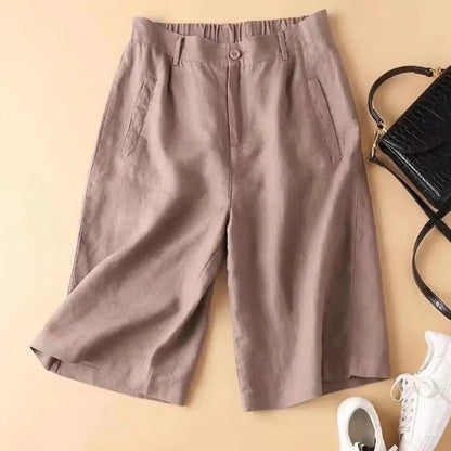 Women’s: Cotton Linen Suit Shorts with Elastic High Waistband & Straight Wide Leg A Line Work or Casual Short Pants