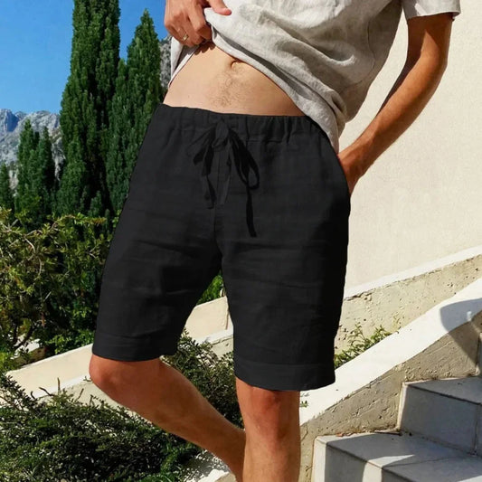 男士：棉亞麻透氣短褲 - 純色夏威夷海灘褲寬鬆百搭街頭服飾