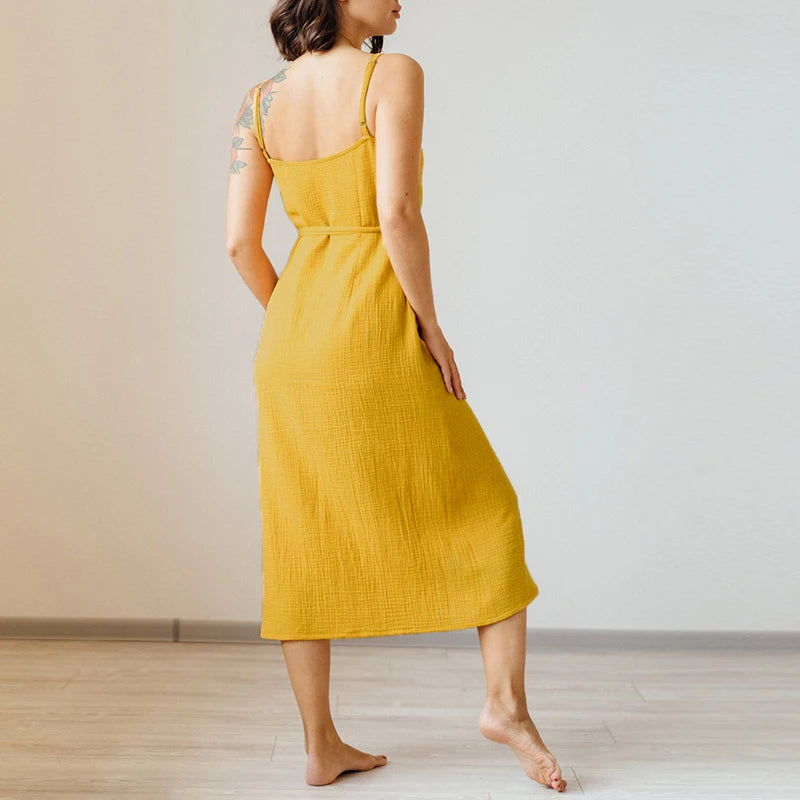 Women's: 100% Cotton Vintage Style Dress - Crepe Gauze V-Neck Sleeveless Bandage Long Maxi