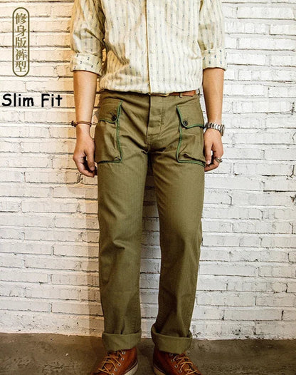 Men’s: Vintage Military Style P-44 Monkey Pants, HBT Cargo Trousers Army Green
