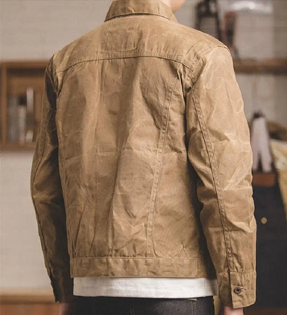 Men’s: Vintage Style Cotton Canvas Oil Wax Khaki Jacket with Multi-pocket Lapel Collar Single-breasted Autumn Jacket