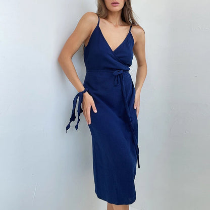 Women's: 100% Cotton Vintage Style Dress - Crepe Gauze V-Neck Sleeveless Bandage Long Maxi