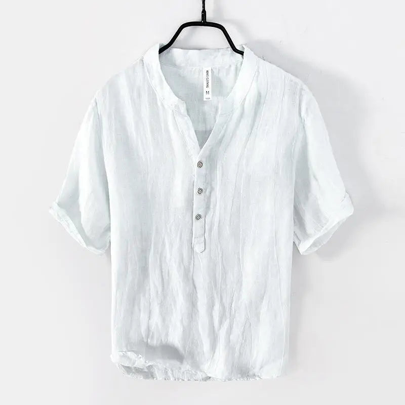 メンズ レトロ 100% リネン レジャー 無地 半袖 トップス、生リネン Vネック ややシワ加工 Tシャツ、オリジナルエコロジー