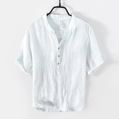 メンズ レトロ 100% リネン レジャー 無地 半袖 トップス、生リネン Vネック ややシワ加工 Tシャツ、オリジナルエコロジー