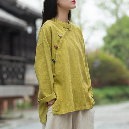女裝：復古中國風棉麻長袖扣寬鬆襯衫襯衫