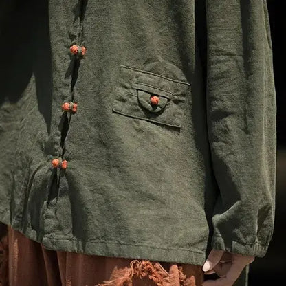 Women’s: Cotton Linen Vintage Chinese Style Ramie Patchwork Shirt, Colour Plate Button Lapel Cardigan Jacket