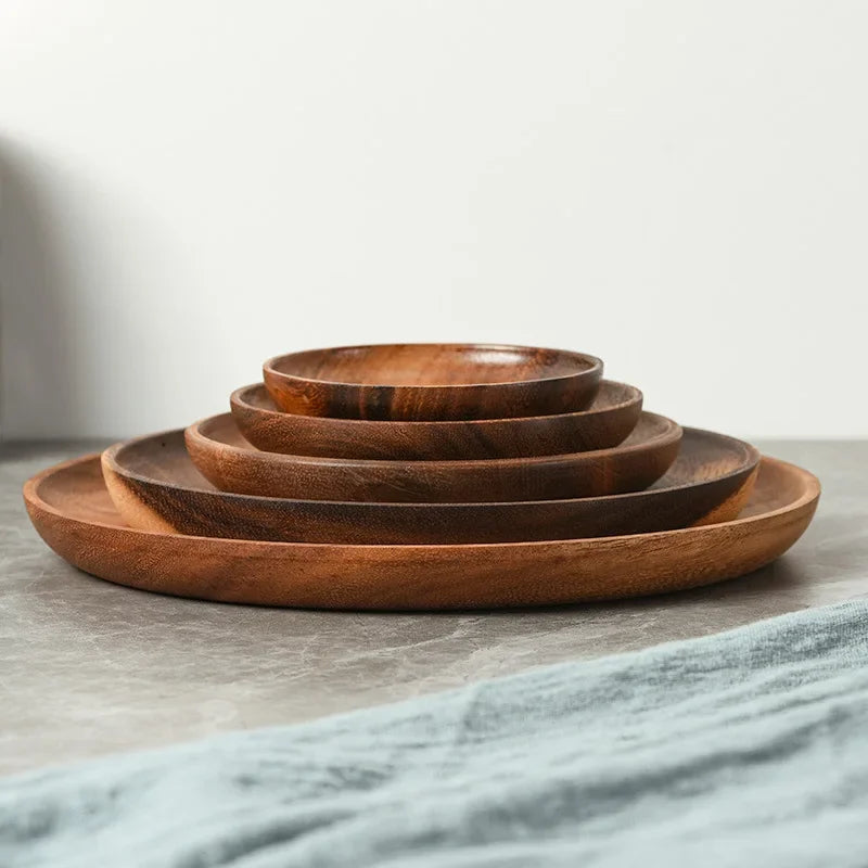 Zero Waste: Japanese Household Dishes Made from Acacia Wood - Round Tableware Salad Dessert Tray, Wood Dinnerware Set, Plates & Serving Platter