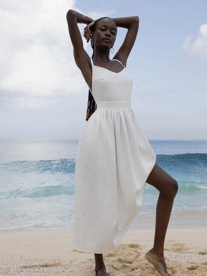 Women's: 100% Cotton Vintage Style Loose A-line Sling Dress V-neck - Spring & Summer