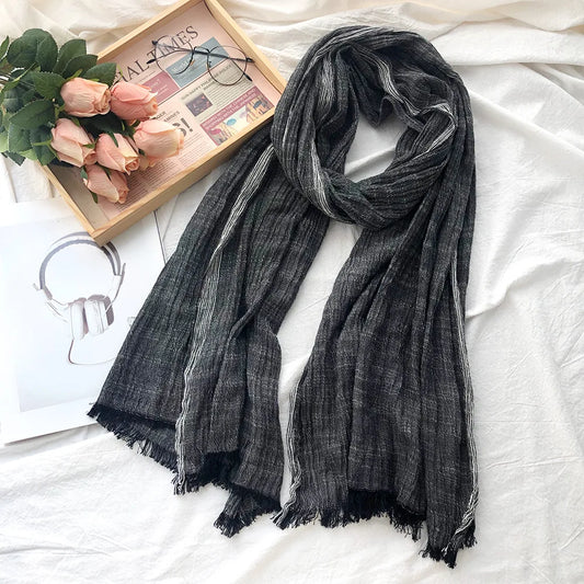 Men's/Unisex: Cotton & Linen Scarf - Black, Navy, Red, Grey, Khaki, with Striped Tassel - Scarf & Shawl Wrap - Autumn Winter