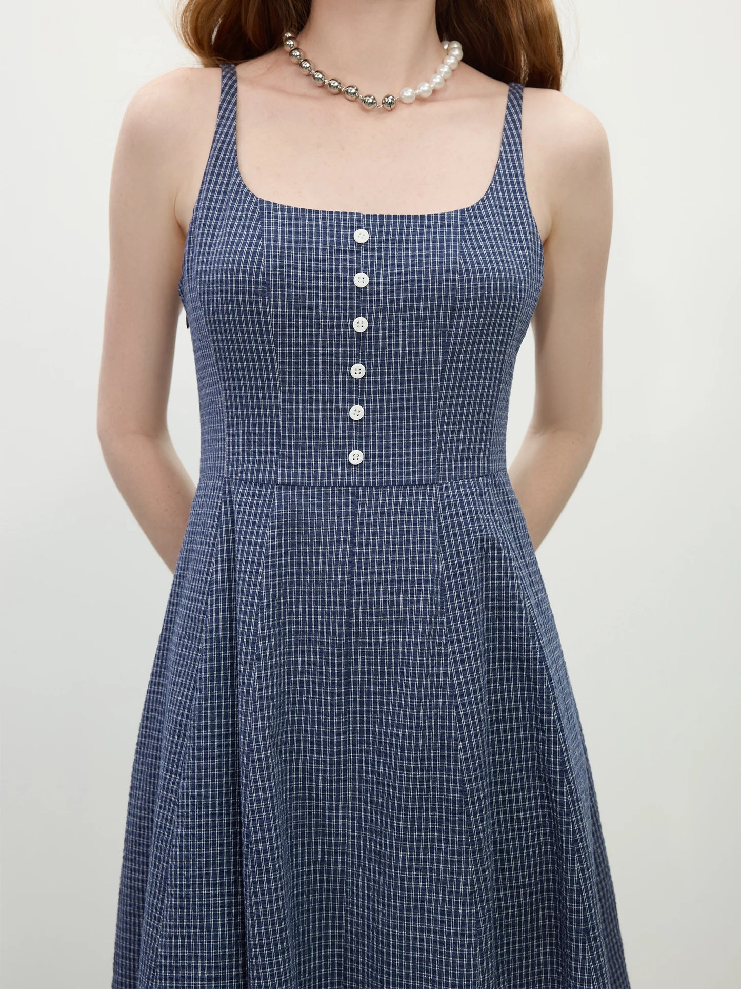 Women’s: French Style Elegant Pure Cotton Retro Plaid Strappy Dress for Spring or Summer