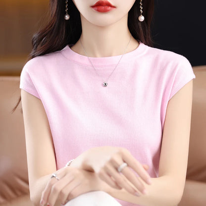 Women’s: 100% Merino Wool O-collar Pullover Short-sleeve Knitwear Fashion T-Shirt in Solid Colors
