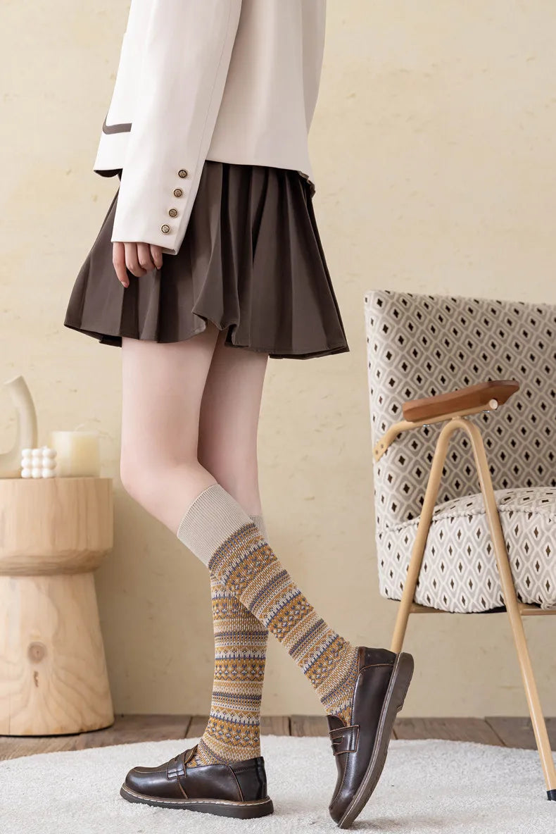 Women’s: Cotton Middle and High Tube Calf and Knee Socks Harajuku Mori Striped Socks