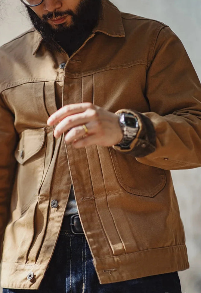 Men’s: Vintage Style Heavyweight Canvas Rancher Jacket with Collar Back Paris Button Denim Jacket Design for Fall Outerwear