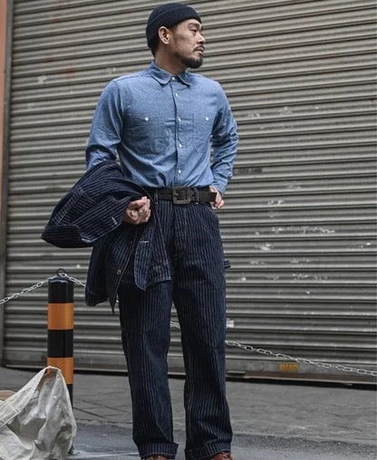 Men’s: Chambray Long Sleeve Shirt Summer/ Spring Two-Pocket Workshirt in Light Blue