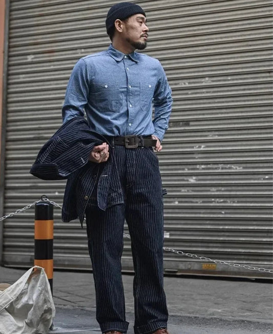 Men’s: Chambray Long Sleeve Shirt Summer/ Spring Two-Pocket Workshirt in Light Blue