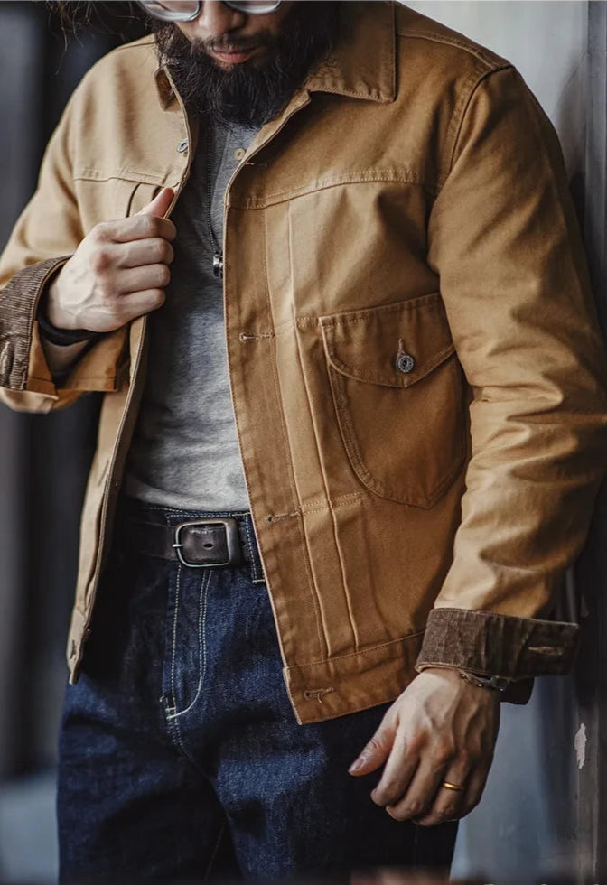Men’s: Vintage Style Heavyweight Canvas Rancher Jacket with Collar Back Paris Button Denim Jacket Design for Fall Outerwear