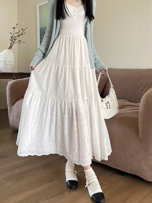 Women’s: Mori Girl Cotton Midi Long Pleated Skirt with Hollow Out Embroidery and High Waisted A-Line Spring & Summer