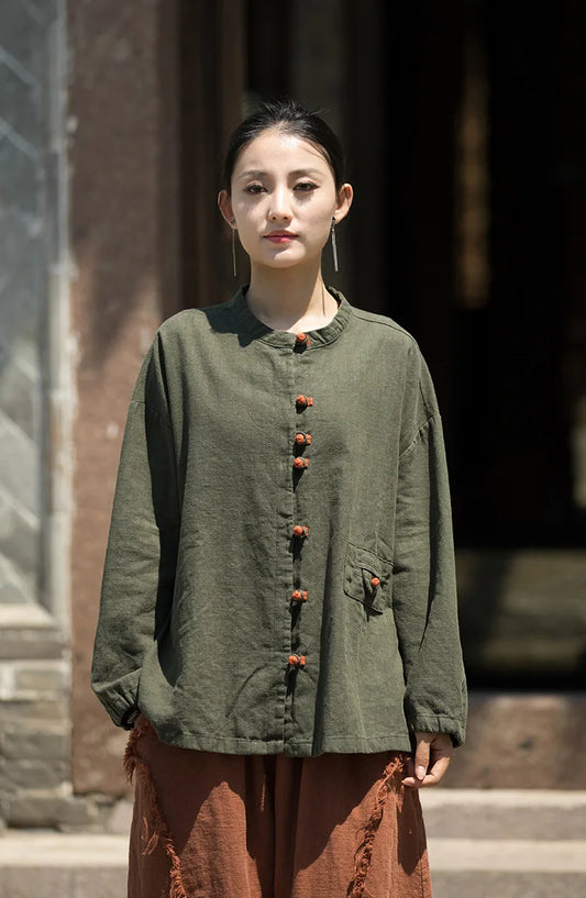 Women’s: Cotton Linen Vintage Chinese Style Ramie Patchwork Shirt, Colour Plate Button Lapel Cardigan Jacket