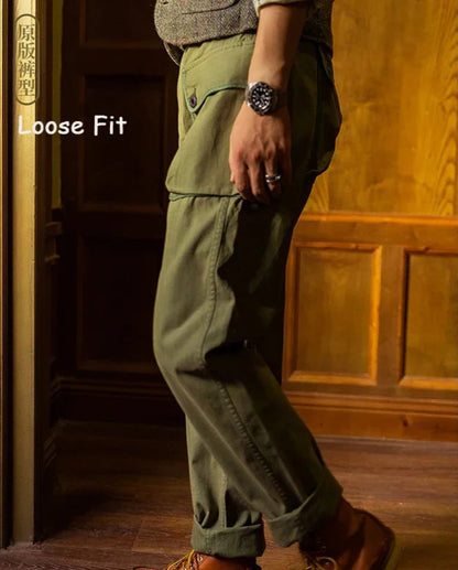 Men’s: Vintage Military Style P-44 Monkey Pants, HBT Cargo Trousers Army Green