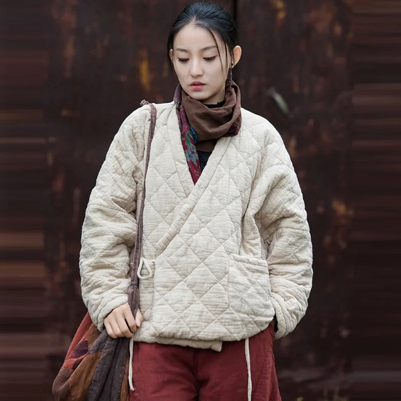 Donna: cappotti trapuntati casual vintage in cotone e lino, in stile asiatico - colori solidi, larghi e imbottiti