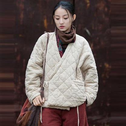 Donna: cappotti trapuntati casual vintage in cotone e lino, in stile asiatico - colori solidi, larghi e imbottiti