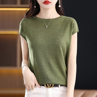 Women’s: 100% Merino Wool O-collar Pullover Short-sleeve Knitwear Fashion T-Shirt in Solid Colors