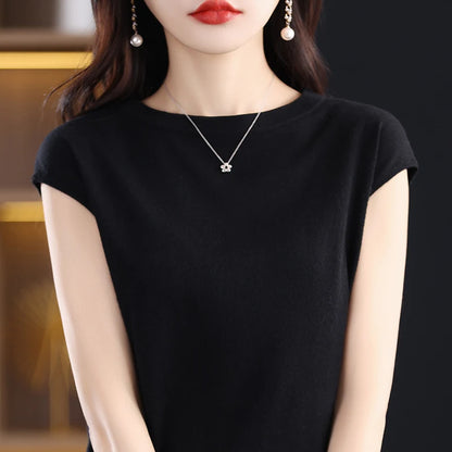 Women’s: 100% Merino Wool O-collar Pullover Short-sleeve Knitwear Fashion T-Shirt in Solid Colors