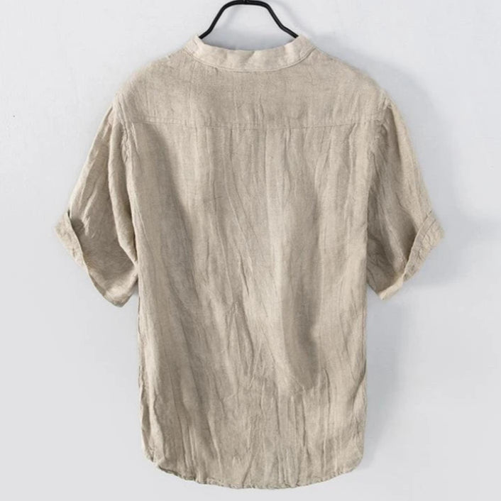 メンズ レトロ 100% リネン レジャー 無地 半袖 トップス、生リネン Vネック ややシワ加工 Tシャツ、オリジナルエコロジー