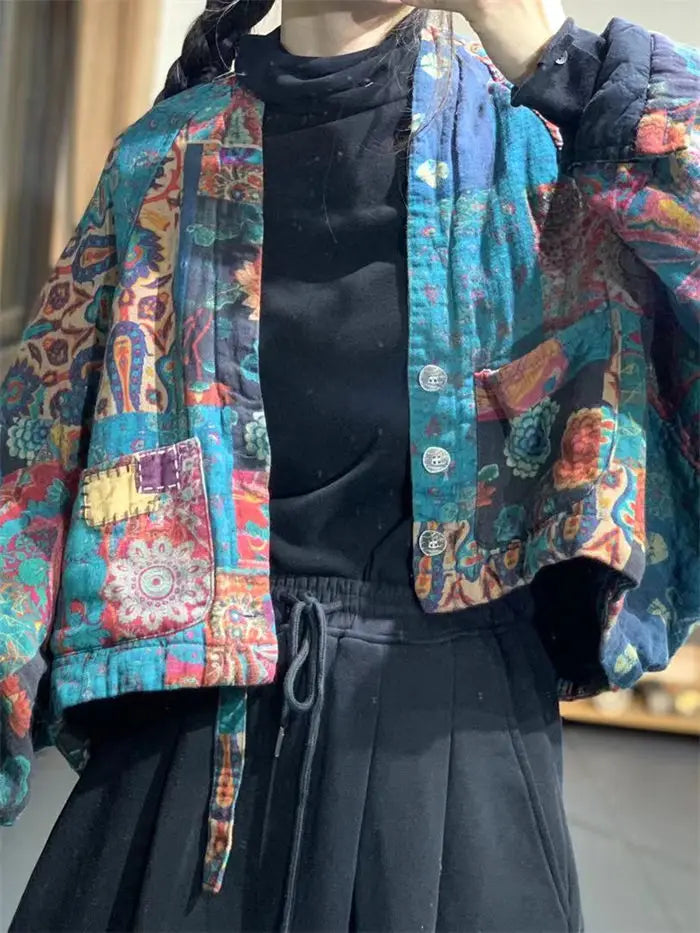 女款：亞洲風格絎縫短外套-秋冬-棉夾克寬鬆蝙蝠袖搭配V領上衣