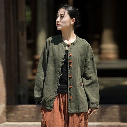Women’s: Cotton Linen Vintage Chinese Style Ramie Patchwork Shirt, Colour Plate Button Lapel Cardigan Jacket