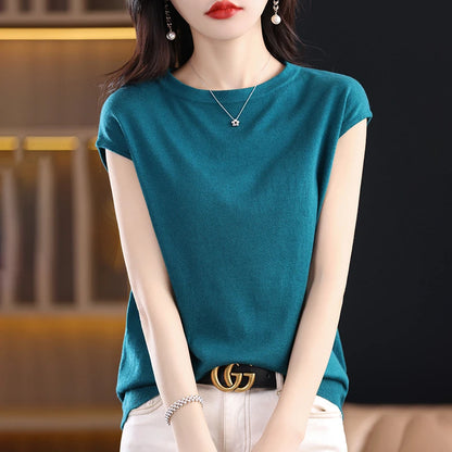 Women’s: 100% Merino Wool O-collar Pullover Short-sleeve Knitwear Fashion T-Shirt in Solid Colors