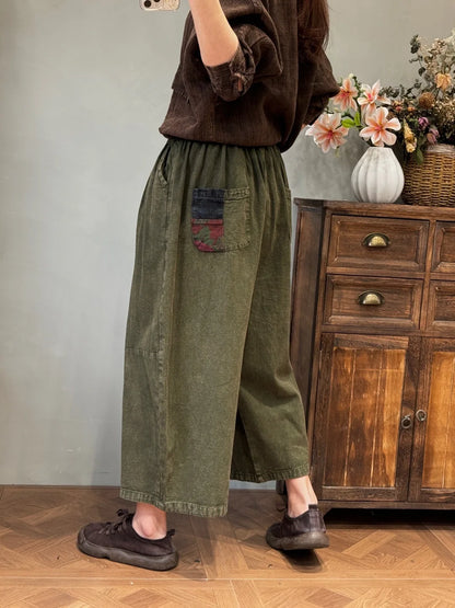 Women’s: Cotton and Linen Retro Distressed Patches Elasticated Waist Loose Pockets Straight Leg Pants