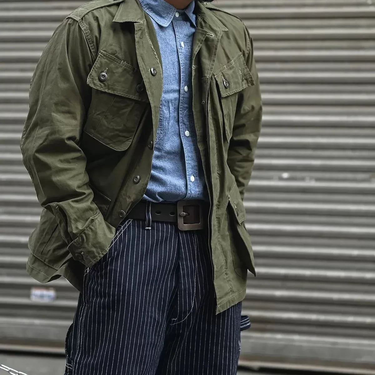 Men’s: Chambray Long Sleeve Shirt Summer/ Spring Two-Pocket Workshirt in Light Blue