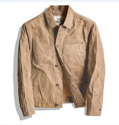 Men’s: Vintage Style Cotton Canvas Oil Wax Khaki Jacket with Multi-pocket Lapel Collar Single-breasted Autumn Jacket